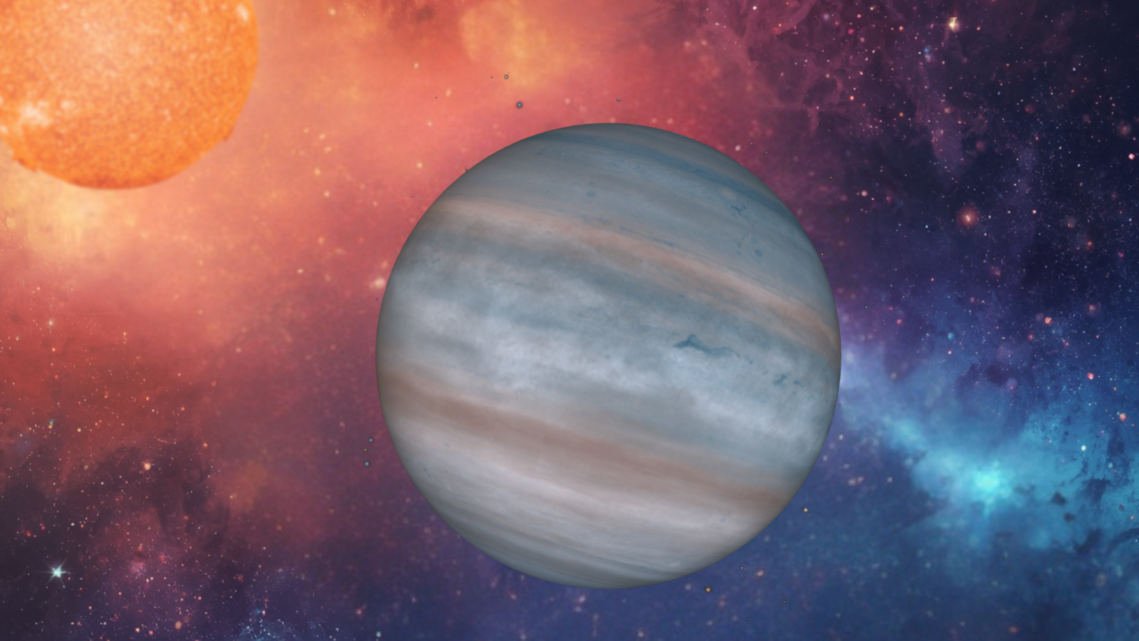 A Jupiter-looking world against a cosmic background. An orange star is seen toward the left.