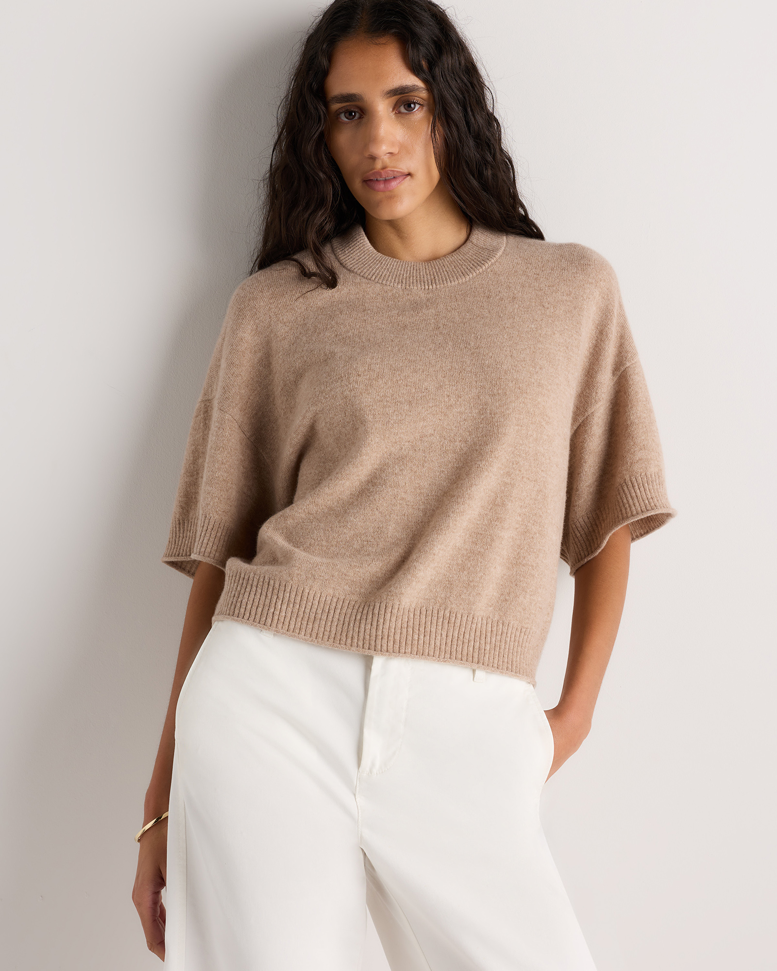 Mongolian Cashmere Cropped Oversized Tee in Oatmeal