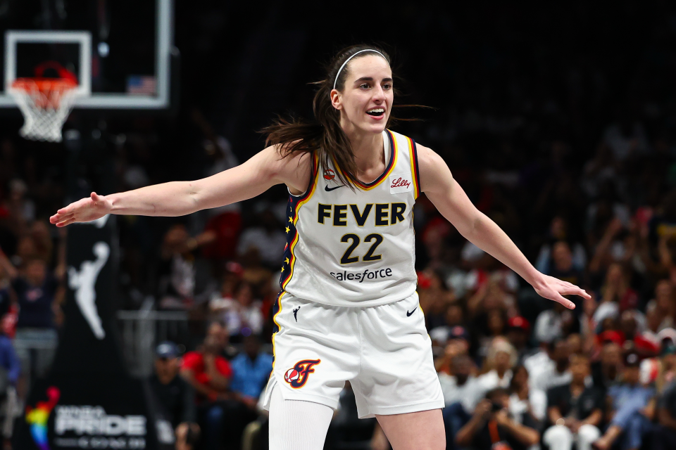 Caitlin Clark 22 of the Indiana Fever reacts during the second quarter against the Atlanta Dream at State Farm Arena on June 20, 2026