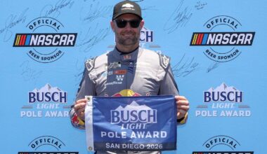 Shane Van Gisbergen, driver of the #97 Red Bull Chevrolet, poses for photos after winning the pole award during qualifying for the NASCAR Cup Series Anduril 250 at Naval Base Coronado on June 20, 2026 in San Diego, California. (Photo by James Gilbert/Getty Images)