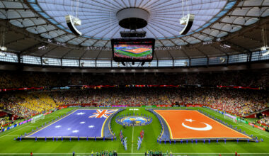 Flags on the field at BC Place.