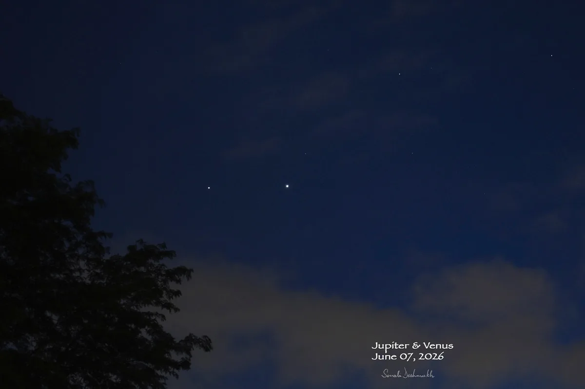Sonali Deshmukh captured this view of Venus and Jupiter from Omaha, Nebraska, USA on 7 June 2026. Equipment: Canon EOS R6 DSLR camera #venus #jupiter #venusjupiter #stargazing #astronomy