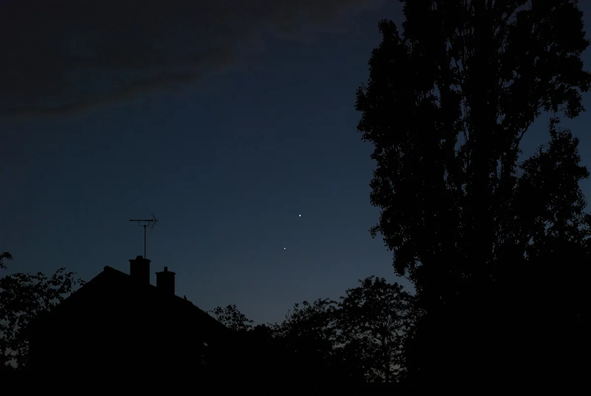 Thanks to James M for sending us this image of Venus and Jupiter close together in the western sky, captured from Ryetop Playing Fields, Rainham, Kent, UK, 9 June 2026, 22:25 local time.

Equipment: Nikon D80 camera, 50mm lens
Exposure: ISO 500, f/3.2, 1/13 sec
Software: Photoshop