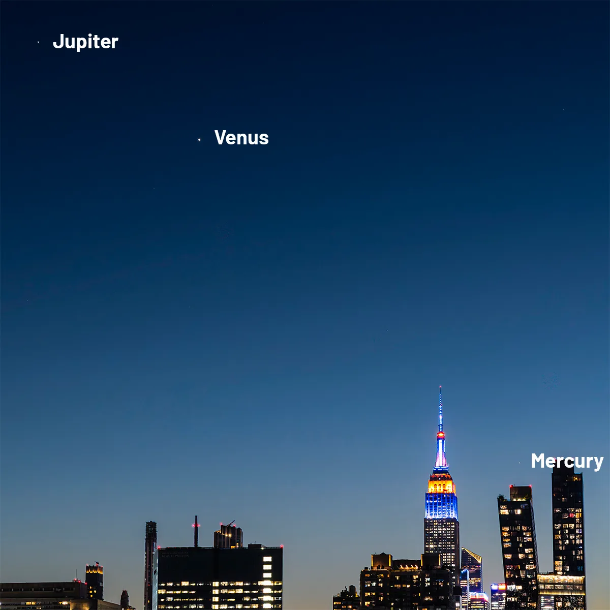 Chirag Upreti captured this image of Venus, Jupiter and Mercury over the New York City skyline, 3 June 2026 at 20:05 local time. Chirag says: 
