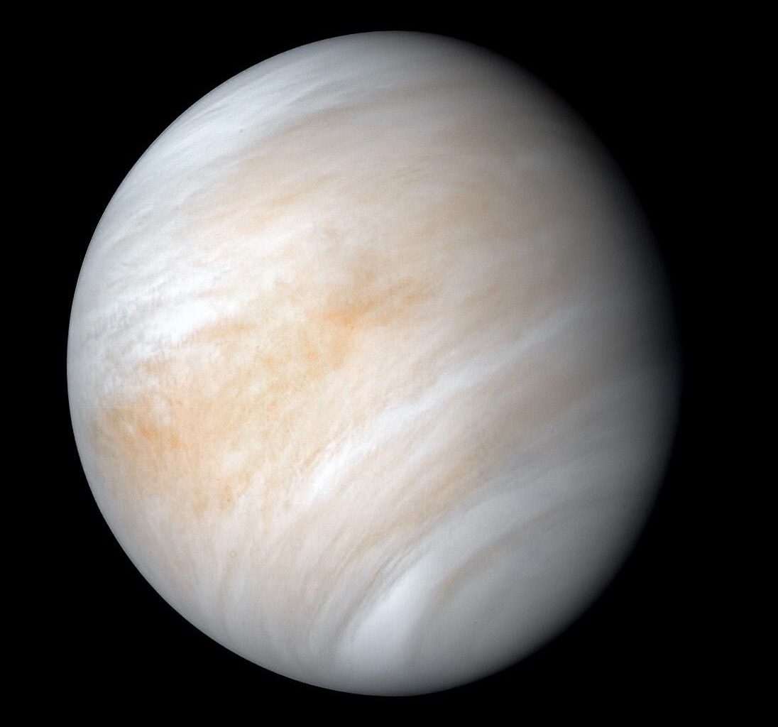 As it sped away from Venus in February 1974, NASA’s Mariner 10 spacecraft captured this seemingly peaceful view of Venus. But, contrary to its serene appearance, Venus is a world of intense heat, crushing atmospheric pressure and clouds of corrosive acid.  NASA/JPL-Caltech