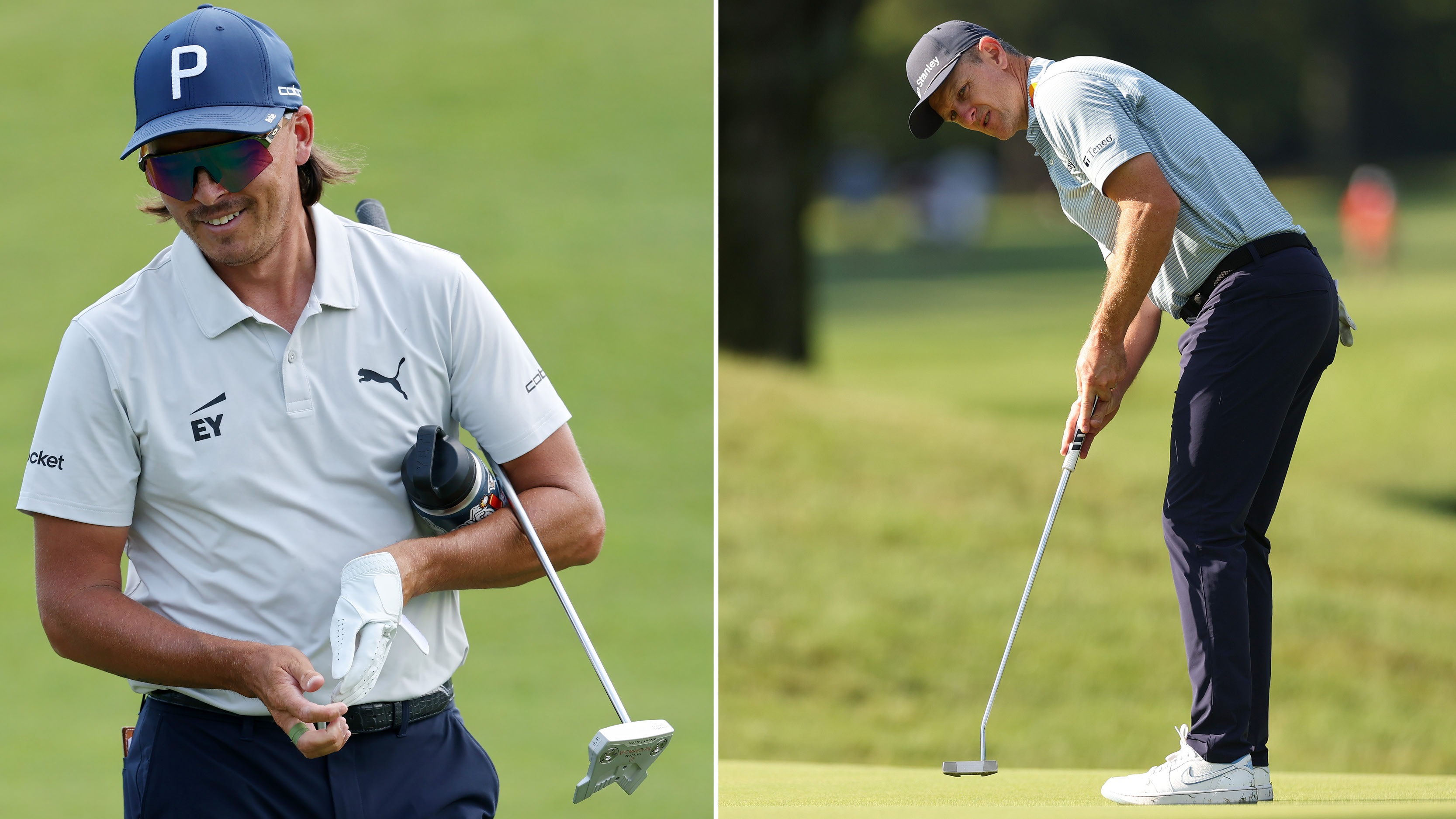 Rickie Fowler and Justin Rose hit putts on a green