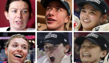 Six photos of women's hockey players.
