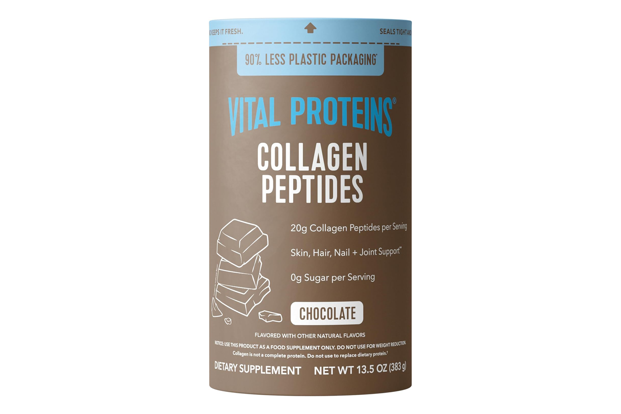 A brown Vital Proteins Collagen Peptides container with a blue top.