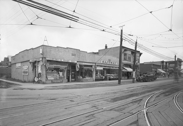 June 1939: Northwest in 6400 block Fraser from E. 49th. Canada Safeway Ltd. and Fraser Drug Co.  Fraser was a wooden road at this time.