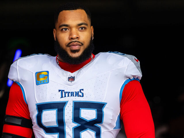 SANTA CLARA, CA - DECEMBER 14: Jeffery Simmons #98 of the Tennessee Titans enters the field before a NFL game between the Tennessee Titans and the San Francisco 49ers on December 14, 2025 at Levi's Stadium in Santa Clara, CA.