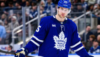 TORONTO, ON - MARCH 25: Toronto Maple Leafs Defenseman Brandon Carlo (25) reacts during the NHL regular season game between the New York Rangers and the Toronto Maple Leafs on March 25, 2026, at Scotiabank Arena in Toronto, ON, Canada.