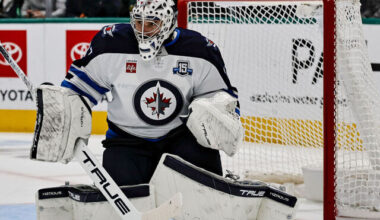 DALLAS, TX - APRIL 02: Winnipeg Jets goaltender Connor Hellebuyck (37) waits for the action to come to him during the game between the Dallas Stars and the Winnipeg Jets on April 2, 2026 at American Airlines Center in Dallas, TX.