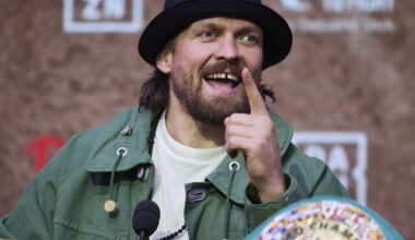 LONDON, ENGLAND - APRIL 14: Oleksandr Usyk during the Glory In Giza launch press conference at The Pelligon on April 14, 2026 in London, England.