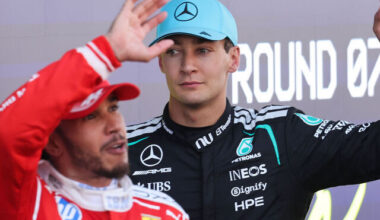 Lewis Hamilton of Ferrari and George Russell of Mercedes after the Formula 1 Barcelona-Catalunya Grand Prix at Circuit de Barcelona-Catalunya in Barcelona on June 14, 2026.