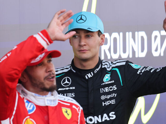 Lewis Hamilton of Ferrari and George Russell of Mercedes after the Formula 1 Barcelona-Catalunya Grand Prix at Circuit de Barcelona-Catalunya in Barcelona on June 14, 2026.