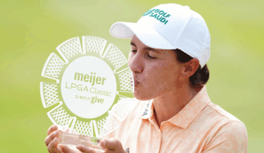 Carlota Ciganda kisses the Meijer LPGA Classic trophy following her win in 2025