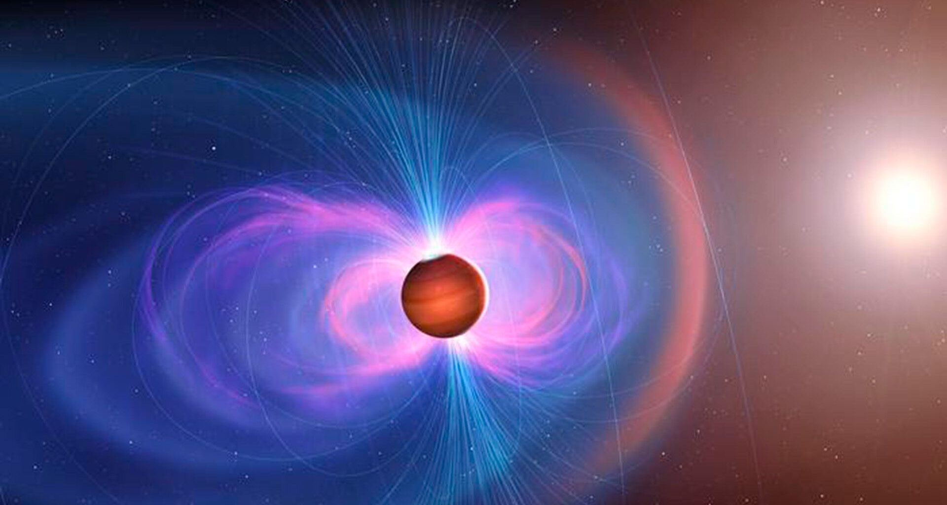 An illustration of a magnetic field around a red exoplanet in space