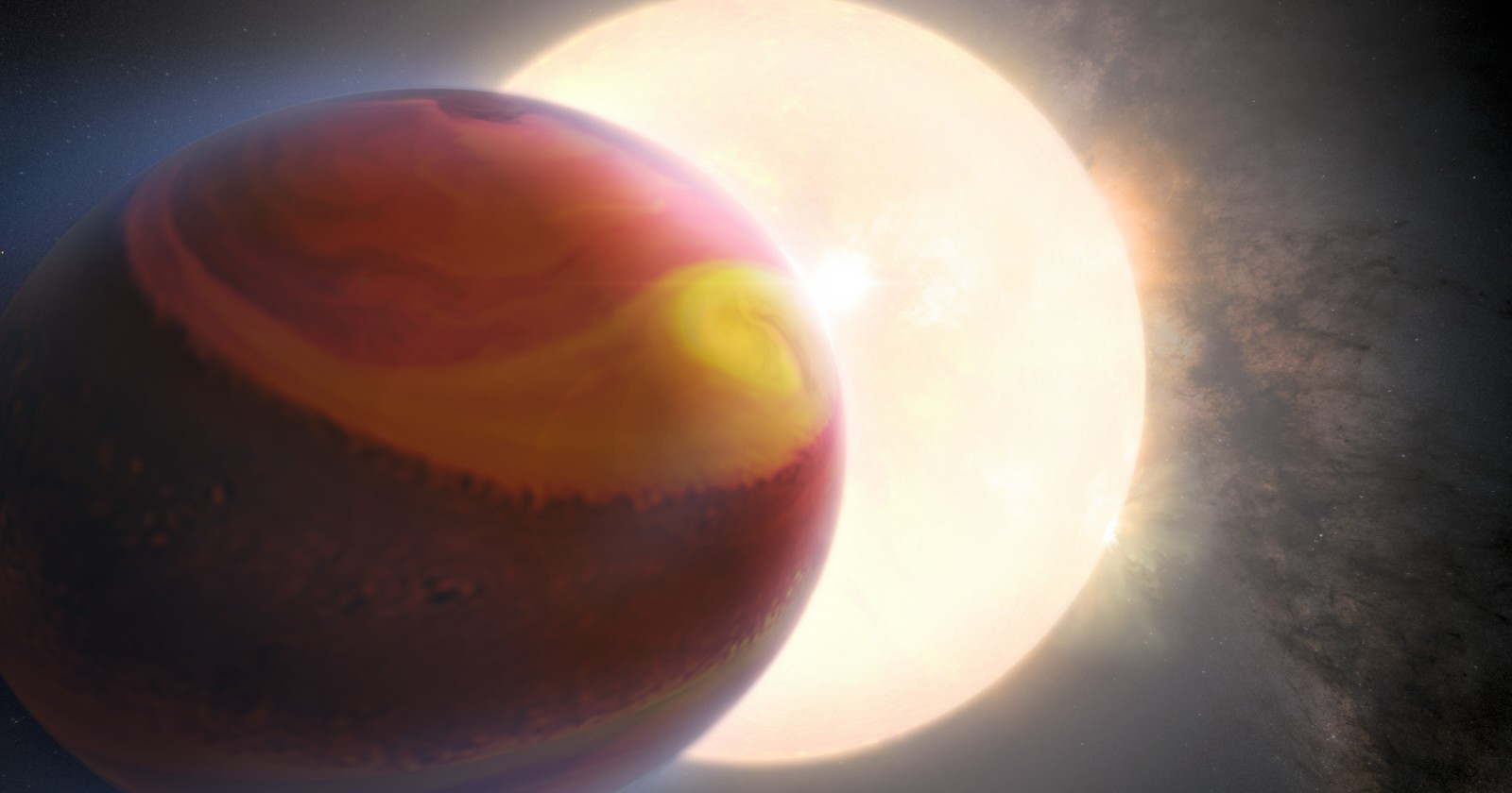 On WASP-121 b, the evening sky runs hot enough to tear water apart, hotter than the morning sky — and James Webb caught the difference by watching the planet turn during a single transit