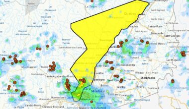 A radar map shows green/blue blobs across southern Quebec, and a yellow region extending northeast from Montreal to Quebec City.