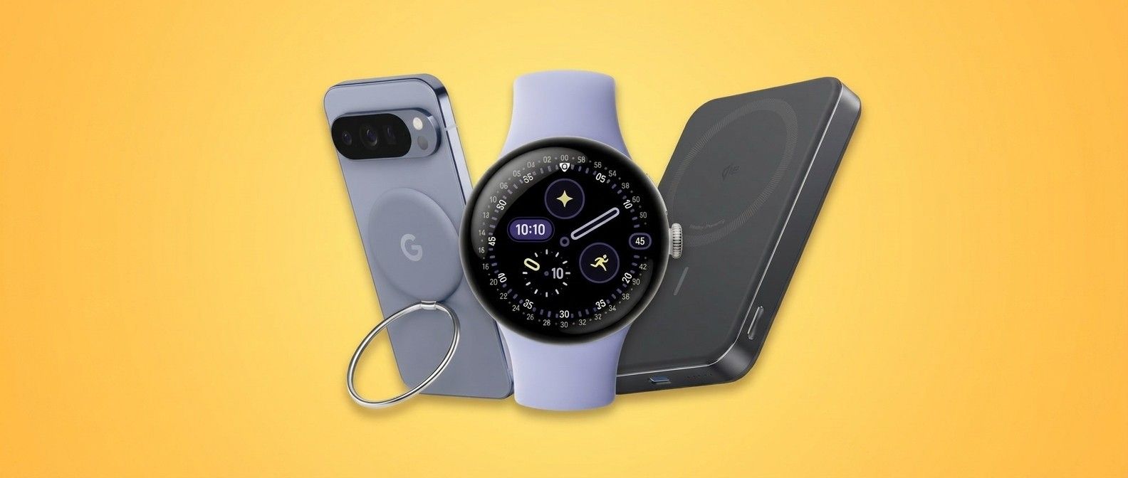 Google Pixel accessories on yellow background