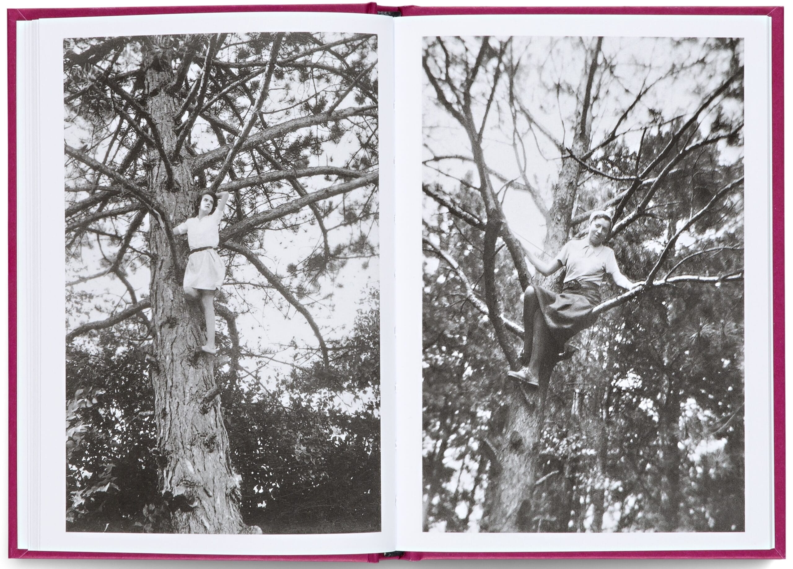 a spread from a book featuring two black-and-white snapshots of women in trees