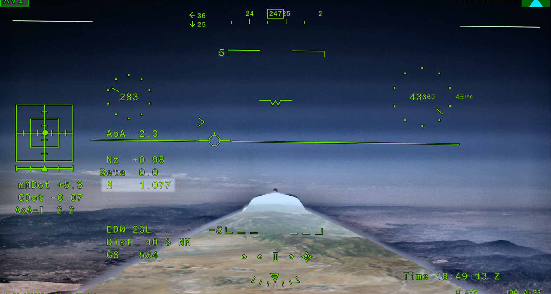 NASA’s X 59 eXternal Vision System digital display shows green flight data overlaid on the forward scenery as the aircraft flies supersonic. Numerical indicators, horizon references, and a Mach number readout are visible on the screen.