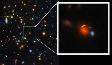 Lots of stars and galaxies speckled across a dark background. One of the galaxies is enlarged in a boxout.