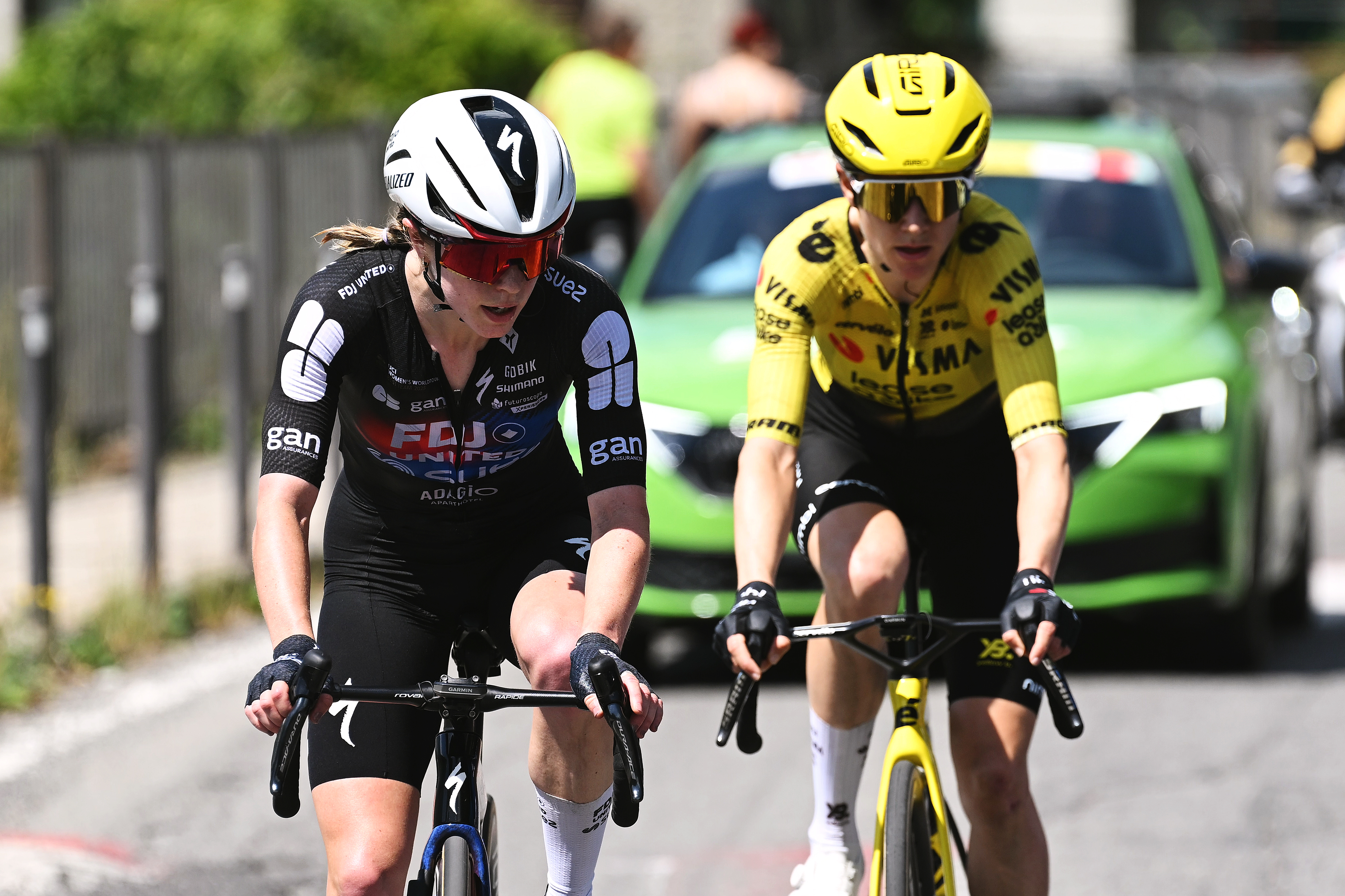 SONDRIO, ITALY - JUNE 17: (L-R) Lauren Dickson of Great Britain and Team FDJ United - SUEZ and Femke de Vries of Netherlands and Team Visma | Lease a Bike compete in the breakaway during the 10th Tour de Suisse Women 2026, Stage 1 a 109.3km stage from Sondrio to Sondrio / #UCIWWT / on June 17, 2026 in Sondrio, Italy. (Photo by Tim de Waele/Getty Images)