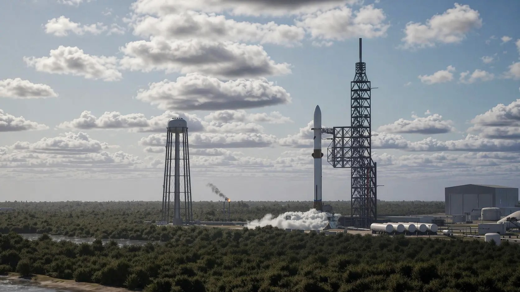 illustration of a big white rocket launching into a cloudy blue sky