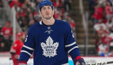 Zach Werenski wearing a Toronto Maple Leafs home jersey in NHL trade rumor image linking the Columbus Blue Jackets defenseman to Toronto