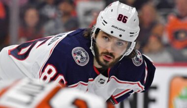 Jan 4, 2024; Philadelphia, Pennsylvania, USA; Columbus Blue Jackets right wing Kirill Marchenko (86) against the Philadelphia Flyers at Wells Fargo Center. Mandatory Credit: Eric Hartline-USA TODAY Sports
