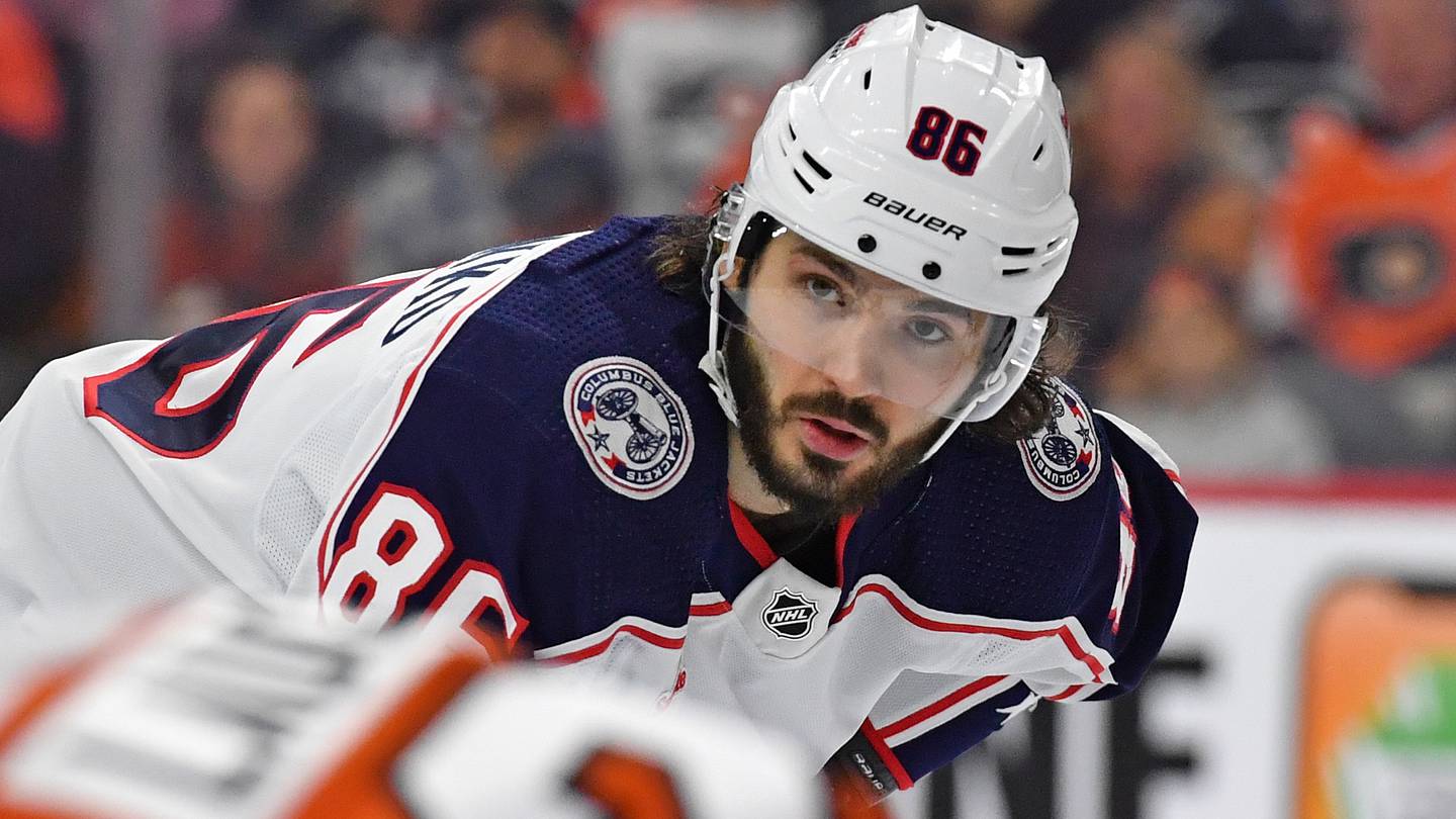 Jan 4, 2024; Philadelphia, Pennsylvania, USA; Columbus Blue Jackets right wing Kirill Marchenko (86) against the Philadelphia Flyers at Wells Fargo Center. Mandatory Credit: Eric Hartline-USA TODAY Sports