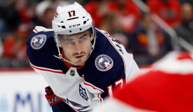 Apr 7, 2026; Detroit, Michigan, USA;  Columbus Blue Jackets left wing Mason Marchment (17) gets set during a face off in the first period against the Detroit Red Wings at Little Caesars Arena. Mandatory Credit: Rick Osentoski-Imagn Images
