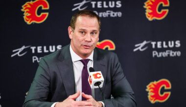 Jan 30, 2025; Calgary, Alberta, CAN; Calgary Flames general manager Craig Conroy during interview after the game against the Anaheim Ducks at Scotiabank Saddledome. Mandatory Credit: Sergei Belski-Imagn Images