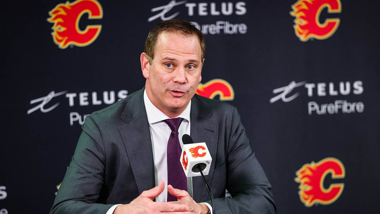 Jan 30, 2025; Calgary, Alberta, CAN; Calgary Flames general manager Craig Conroy during interview after the game against the Anaheim Ducks at Scotiabank Saddledome. Mandatory Credit: Sergei Belski-Imagn Images