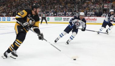 Mar 21, 2026; Pittsburgh, Pennsylvania, USA;  Pittsburgh Penguins right wing Anthony Mantha (39) skates with the puck against the Winnipeg Jets during the first period at PPG Paints Arena. Mandatory Credit: Charles LeClaire-Imagn Images