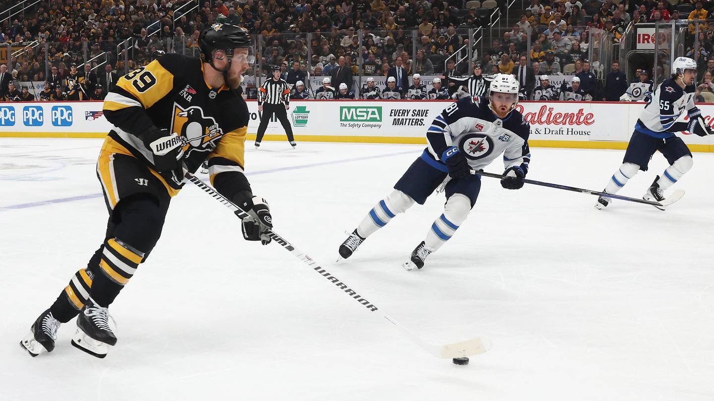 Mar 21, 2026; Pittsburgh, Pennsylvania, USA;  Pittsburgh Penguins right wing Anthony Mantha (39) skates with the puck against the Winnipeg Jets during the first period at PPG Paints Arena. Mandatory Credit: Charles LeClaire-Imagn Images