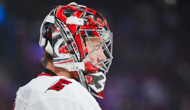 Apr 16, 2025; Montreal, Quebec, CAN; iCarolina Hurricanes goalie Frederik Andersen (31) before the game against the Montreal Canadiens at Bell Centre. Mandatory Credit: David Kirouac-Imagn Images
