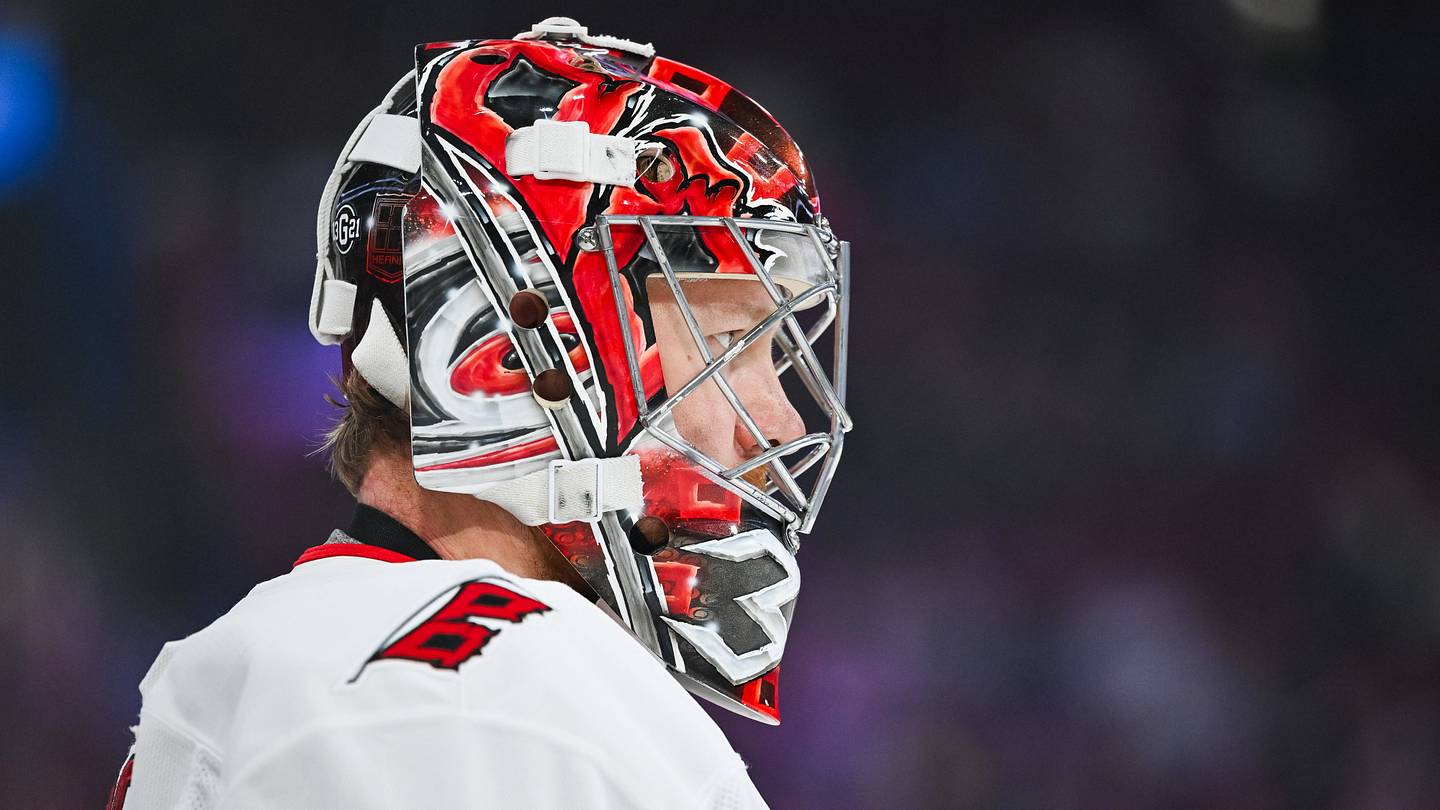 Apr 16, 2025; Montreal, Quebec, CAN; iCarolina Hurricanes goalie Frederik Andersen (31) before the game against the Montreal Canadiens at Bell Centre. Mandatory Credit: David Kirouac-Imagn Images