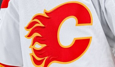 Dec 12, 2022; Montreal, Quebec, CAN; View of a Calgary Flames logo on a jersey worn by the member of the team during the second period at Bell Centre. Mandatory Credit: David Kirouac-USA TODAY Sports