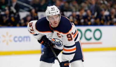 Nov 24, 2017; Buffalo, NY, USA; Edmonton Oilers center Connor McDavid (97) against the Buffalo Sabres at KeyBank Center. Buffalo beats Edmonton 3 to 1. Mandatory Credit: Timothy T. Ludwig-USA TODAY Sports