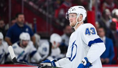 Apr 26, 2026; Montreal, Quebec, CAN; Tampa Bay Lightning defenseman Darren Raddysh (43) looks on against the Montreal Canadiens during the second period in game four of the first round of the 2026 Stanley Cup Playoffs at Bell Centre. Mandatory Credit: David Kirouac-Imagn Images