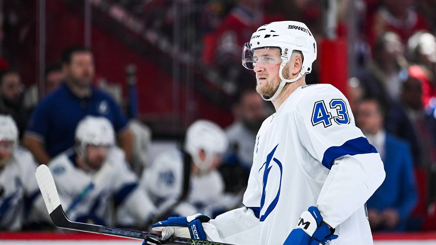 Apr 26, 2026; Montreal, Quebec, CAN; Tampa Bay Lightning defenseman Darren Raddysh (43) looks on against the Montreal Canadiens during the second period in game four of the first round of the 2026 Stanley Cup Playoffs at Bell Centre. Mandatory Credit: David Kirouac-Imagn Images