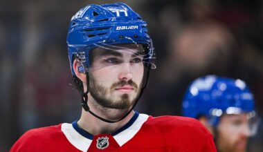 Sep 25, 2025; Montreal, Quebec, CAN; Montreal Canadiens center Kirby Dach (77) looks on against the Toronto Maple Leafs during the second period at Bell Centre. Mandatory Credit: David Kirouac-Imagn Images