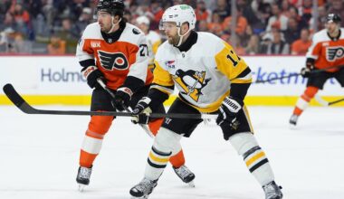 Apr 29, 2026; Philadelphia, Pennsylvania, USA; Pittsburgh Penguins right wing Bryan Rust (17) skates against Philadelphia Flyers left wing Noah Cates (27) in the second period in game six of the first round of the 2026 Stanley Cup Playoffs at Xfinity Mobile Arena. Mandatory Credit: Kyle Ross-Imagn Images