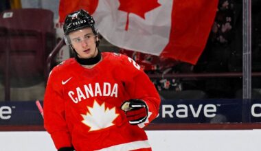 Jan 2, 2026; Minneapolis, Minnesota, USA;  Canada forward Cole Reschny (21) celebrates his goal against Slovakia during the first period in the quarterfinals of the 2026 IIHF World Junior Championship at 3M Arena. Mandatory Credit: Nick Wosika-Imagn Images