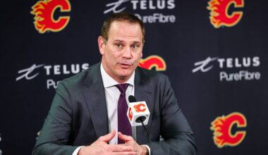 Jan 30, 2025; Calgary, Alberta, CAN; Calgary Flames general manager Craig Conroy during interview after the game against the Anaheim Ducks at Scotiabank Saddledome. Mandatory Credit: Sergei Belski-Imagn Images
