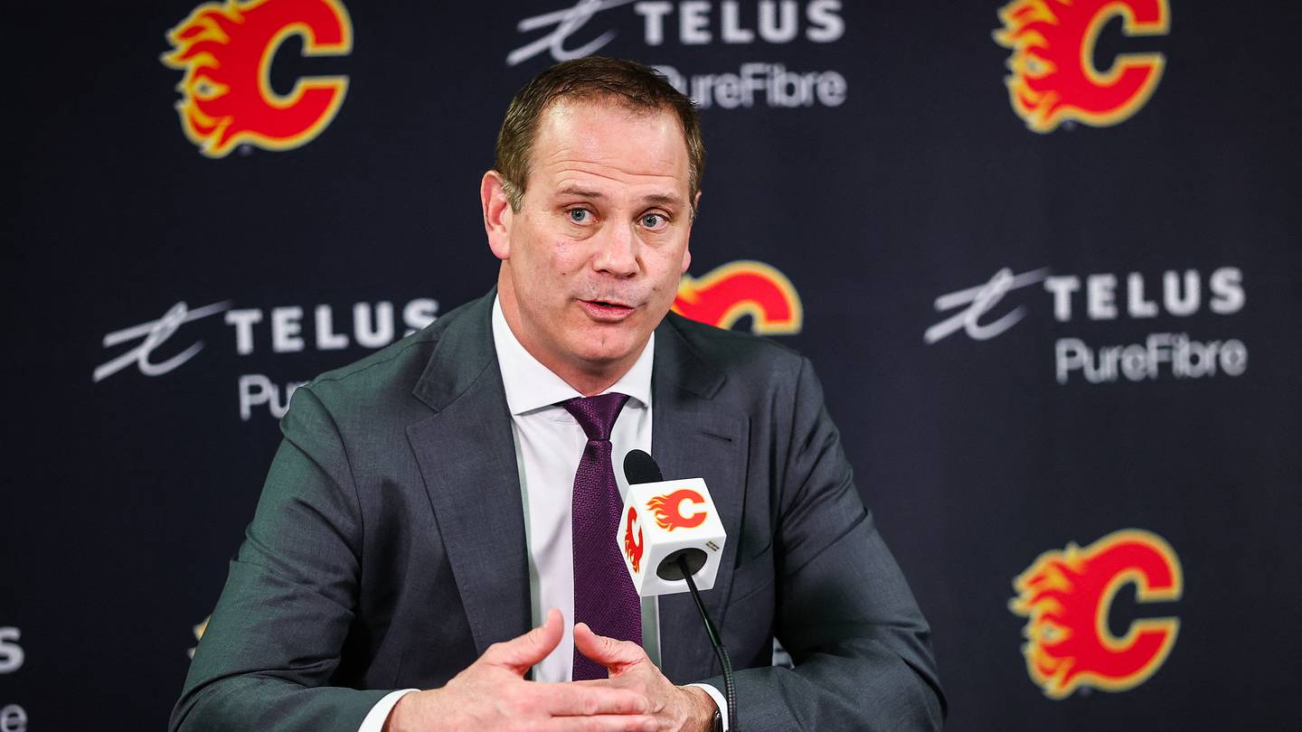Jan 30, 2025; Calgary, Alberta, CAN; Calgary Flames general manager Craig Conroy during interview after the game against the Anaheim Ducks at Scotiabank Saddledome. Mandatory Credit: Sergei Belski-Imagn Images