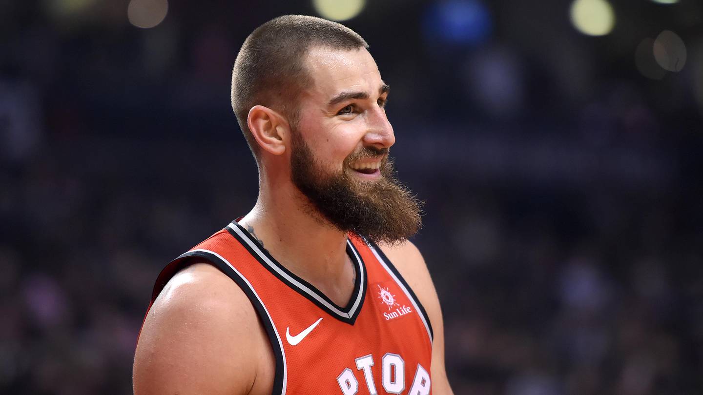Mar 25, 2018; Toronto, Ontario, CAN;  Toronto Raptors center Jonas Valanciunas (17) reacts after being called for a foul against Los Angeles Clippers in the first  half at Air Canada Centre. Mandatory Credit: Dan Hamilton-USA TODAY Sports