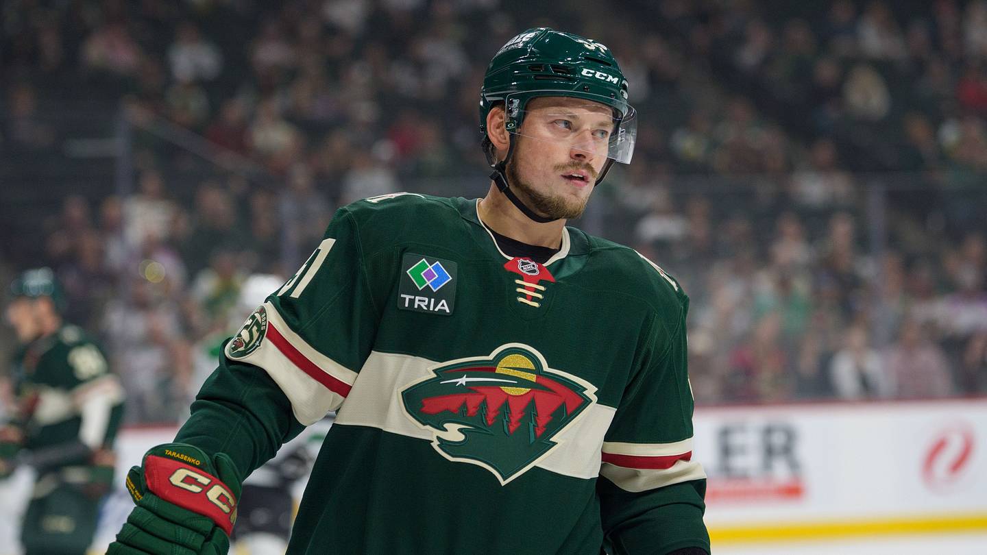 Sep 25, 2025; Saint Paul, Minnesota, USA; Minnesota Wild right wing Vladimir Tarasenko (91) during a break in action against the Dallas Stars in the first period at Grand Casino Arena. Mandatory Credit: Matt Blewett-Imagn Images